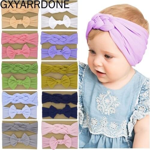2pcs/set 2021 Solid Color Cross Knotted Baby Girls Elastic Headband Handmade Bowknot Infant Nylon Hairband Kids Accessories
