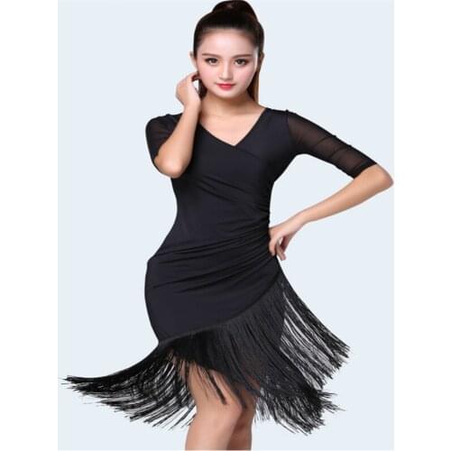 2019 New Fashion Sexy Short-sleeve Latin Dance Tassel one-piece dress for women/female, Ballroom tango Cha Cha Rumba Costumes