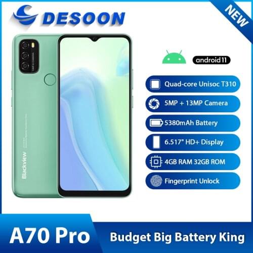 Blackview A70 Android 11 Smartphone 5380mAh Big Battery Octa Core 3GB RAM+32GB ROM 6.517Inch Display 13MP Camera 4G Moible Phone