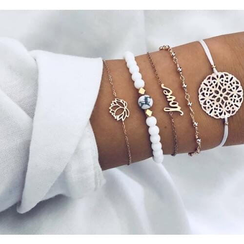5PCS Set Retro Bracelet Women Bohemian White Stone Beads Lotus Flower Love Charm Boho Bracelets Bangles Gold Chain Beach Jewelry