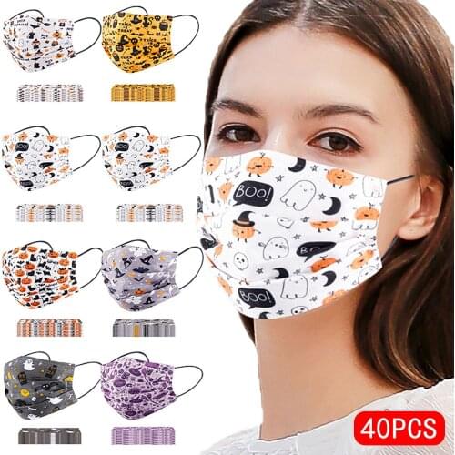50pcs Halloween Cosplay Face Mask Unisex Halloween Ghost Printed 3 Layer Filter Disposable Mask Mascarillas Halloween Costume