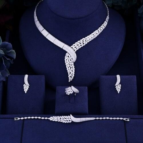 Accking Luxury Elegant Shape Bridal cube zircon necklace earring bracelet ring 4pcs Big Wedding Jewelry Sets for women