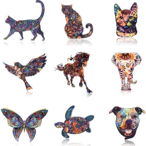 Acrylic Printing Animal Brooch Lovely Dog Cat Bird Horse Elephant Butterfly Badges Pin Collar Pins Women Men Jewelry Best Gift