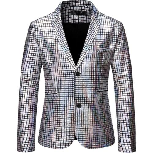 Mens Silver Plaid Glitter Sequin Blazer Jacket Men 2 Button Gold Suits Disco Nightclub Singer Dancer Stage Performance Prom Coat
