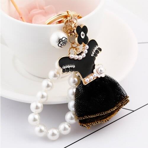 Korean Style Fashion New Drop Oil Black Dress Keychain Pearl Keychain Pendant Girls' Bags Accessories