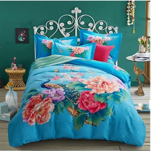 Colorful 100% Cotton Sanding Printed Flower Bedding Set Wedding Bed Sheet set Duvet Cover Pillowcase Queen King 4pcs blue red
