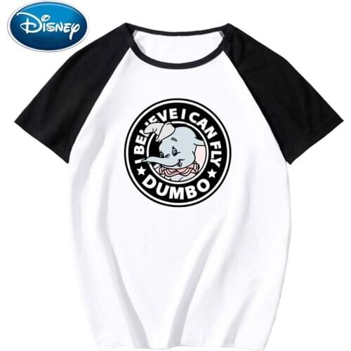 Disney Stylish Dumbo Elephant Cartoon Print O-Neck Pullover Short Sleeve Contrast Color Unisex T-Shirt Tee Top XS - 3XL 11 Color
