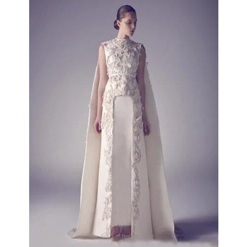 Elegant Muslim Evening Dresses A-line High Collar Appliques Lace Dubai Saudi Arabic Long Evening Gown Prom Dress