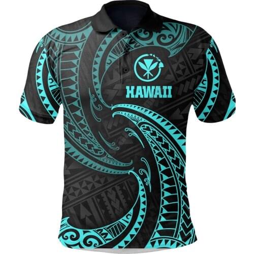 Hawaii Polynesian Polo Shirt Neon Blue Tribal Wave 3D Printed Polo Shirt Men For Women Short Sleeve Summer T-shirt