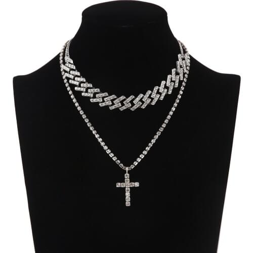 Iced Out Cuban Link Chain Necklace Set Cross Pendant Jewelry for Women Rhinestone Choker Luxury Bling Hip Hop Jewellery