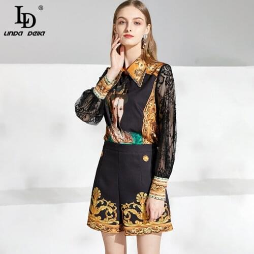 LD LINDA DELLA 2021 Summer Designer Shorts Two Pieces Set Lace Sleeve Queen Print Top and Vintage Shorts Suits Womens Sets