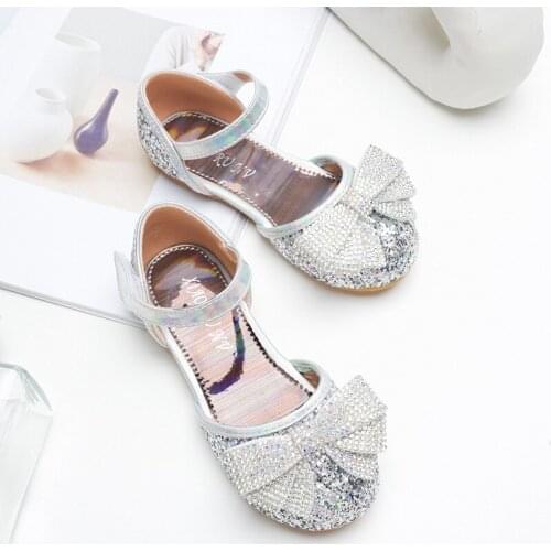 Summer Girls Rhinestone Bow Sandals Princess Kids Leather Shoes for Girls Flower Casual Glitter Children Baby Flats Dance Shoes