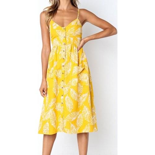 Summer Womens Yellow Leisure Dresses Floral Bohemian Adjustable Spaghetti Strap Button Down Swing Midi Dress with Pockets