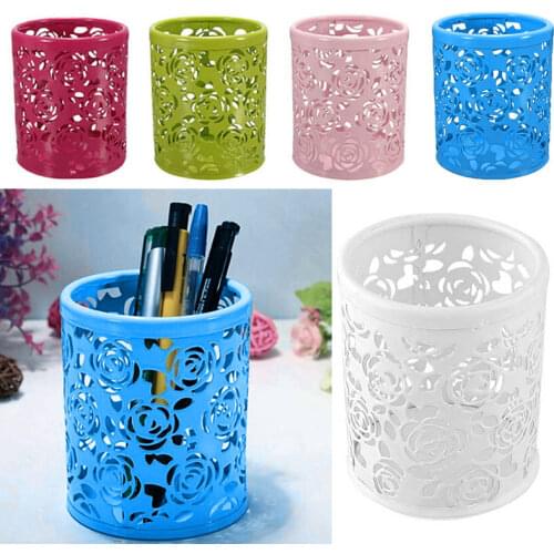 Metal hollow rose flower design cylindrical pen pen holder holder container retro makeup brush holder office storage XH8Z