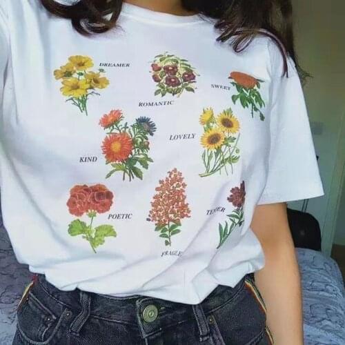 Floral Print Cute Women T Shirt Loose Round Neck Short Sleeve White Tee Summer Vintage Sweet Harajuku Streetwear Tops