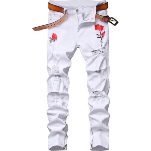 Mens Rose Embroidery White Denim Jeans Fashion Holes Ripped Stretch Pants Embroidered Slim Skinny Trousers