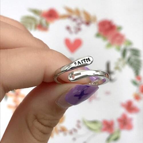 New Trend Rings Female FAITH Hollow Cross Minimalist S925 Silvery Jewelry For Engagement Unusual Christian Style Accessories