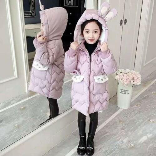 Children Down Cotton Winter Parkas For Girls Windproof Thicken Baby Girls Mid Length Coat Hooded Outwear For Age 4 6 8 10 12 13