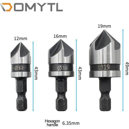 Five-blade Chamfering Device 6.35MM Hexagonal Handle 90 Degree Carbon Steel 3PCS Woodworking Drill Bit Deburring Countersink