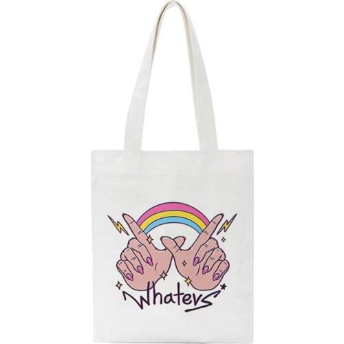 Rainbow Love Cartoon Printed Shoulder Handbag Canvas Bags Harajuku Large Capacity Bag Casual White Cute Handbag Women Bag