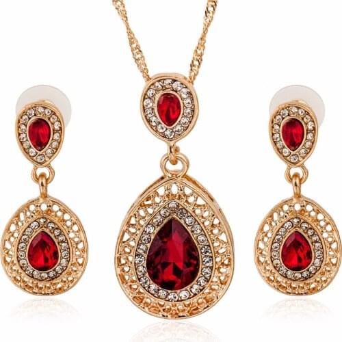 Bright Green Red Blue Drip Rhinestone Shiny Crystal Necklace & Dangle Earrings Golden Jewelry Set for Women