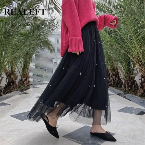REALEFT Spring Summer Bead Printed Mesh Pleated Womens Long Skirts Elegant High Waist Female Umbrella Maxi Skirts 2021 New