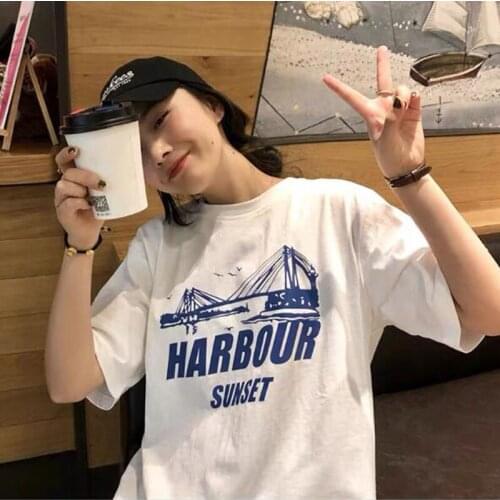 Campus Style Woman T shirts Letters Print Short Sleeve O Neck T-shirt Femme Cotton Spandex Women Top