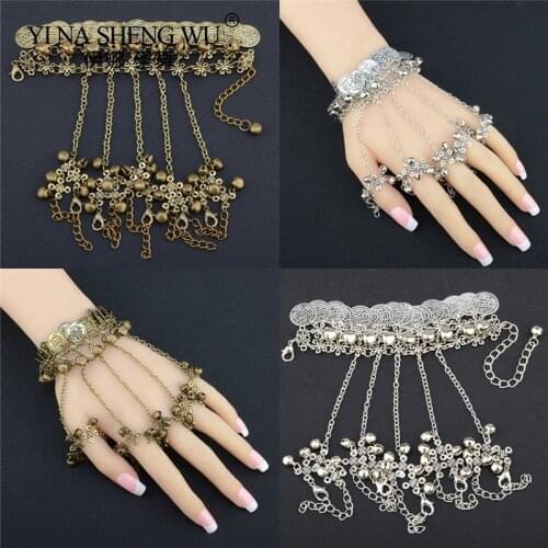 Ladies Bohemian Vintage Coins Bell Ring Bracelet Jewelry Fashion Belly Dance Hand Back Chain Bracelet 1PC Hand Decoration