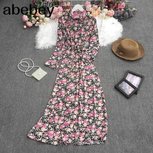 2021 New Spring Temperament All-match stand collar puff sleeve Dress waist slim single breasted floral Dress