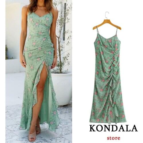 KONDALA Womens Dress Vintage Pleated Za Fashion 2021 Chiffon Floral Print Dresses Strap V Neck Party Dress Female Vestidos