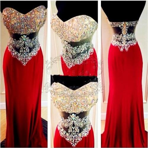 Real Picture Amazing Crystal Beading Sexy illusion Red Floor Length Mermaid Prom Evening gown 2020 Mother of the Bride Dresses