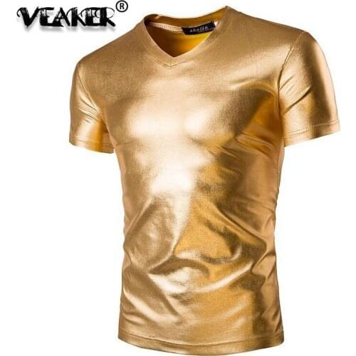 2019 Sexy Elastic T Shirt Mens Faux Leather Tight Slim Top Short Sleeve Pu T-Shirt Tops Fitness Muscle Man Tigh V-neck T Shirts