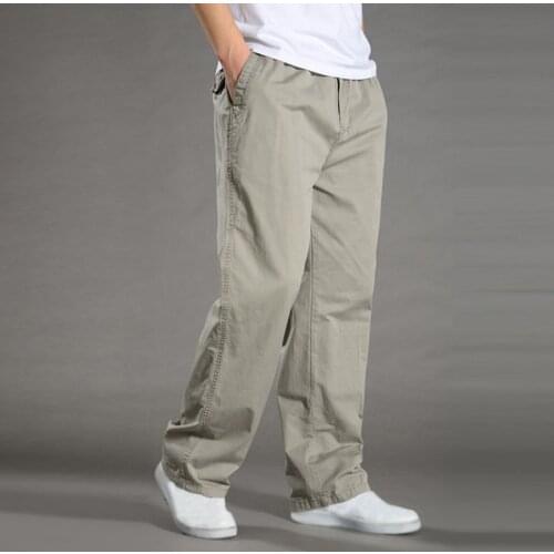 2021 New Men Solid Color Polyester Multi-pocket Casual Pants Summer Mid Waist Drawstring Straight Loose Pants Plus Size Trousers