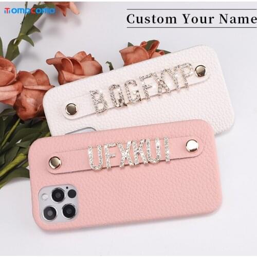 Pebble Leather Custom Name Cowhide Phone Case For iPhone 12 11Pro Mini Max X XR XS 7 8Plus Diamond Metal Letters Cover Coque