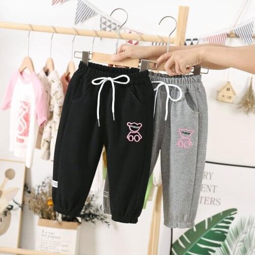 Childrens Trousers Autumn New Solid Color Embroidered Bear Cute Girls Lace Casual Pants 1-4 Years Old