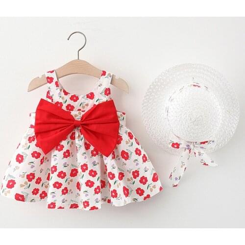Baby Kids Girls Sets Sleeveless Lovely Bow Flower Printing Princess Dress+hat Set Outfit Conjuntos Para Bebé Vestidos De Verano
