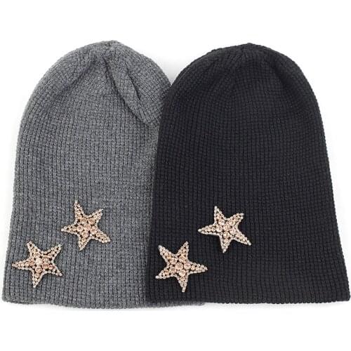 Geebro Woman Cashmere Beanie 2 Diamonds Stars Rhinestone Accessories Hat Soft Warm Skull Cap Lady Beanies Pullover Bonnets