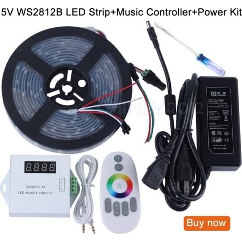 DC5V 5m/10m/15m/20m 150leds ws2812b Individually Addressable led pixel strip Waterproof+Remote music controller+Power supply