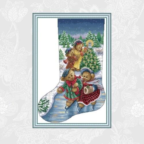 Joy Sunday Little Bears Christmas Stocking Print on Canvas Embroidery kits DMC 14CT 11CT Chinese Cross Stitch Needlework Sets