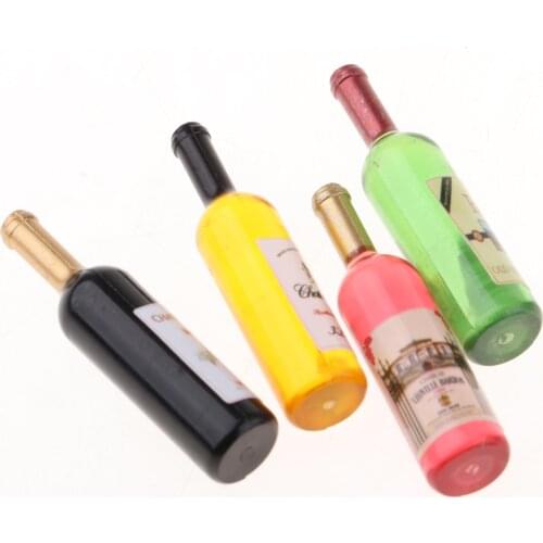 Colorful Dollhouse Miniature Cocktail Wine Bottles for Doll Bar, Kitchen, Dining Room Decor (Pack of 4)