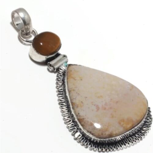 Fosil Coral + Tiger Eye Pendant Silver Overlay over Copper , 72 mm, P6867