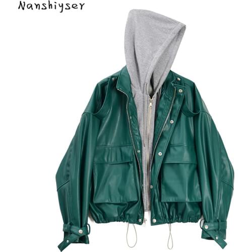 Korean Hooded Patchwork Women Faux PU Leather Coats Zipper Pockets Drawstring Female Motorcycle Leather jacket Autumn Streetwear