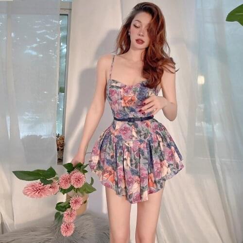 Cute Floral Print Pleated Mini Skater Dress Sexy Women Ruffle Hem Slip Dress Spaghetti Strap Beach Party Short Dresses