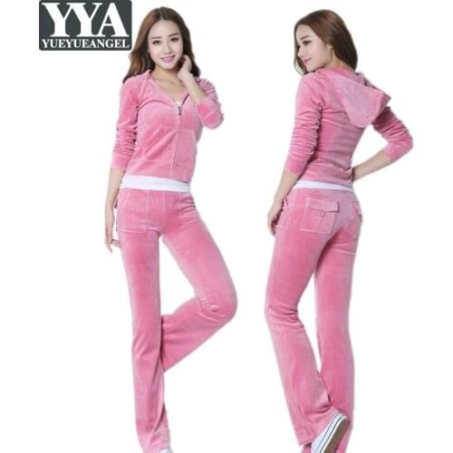 Fashion Women Velvet Loungewear Sets Hooded Jacket High Waist Pants Two Piece Set Spring Autumn Casual Jogging Female Tracksuit