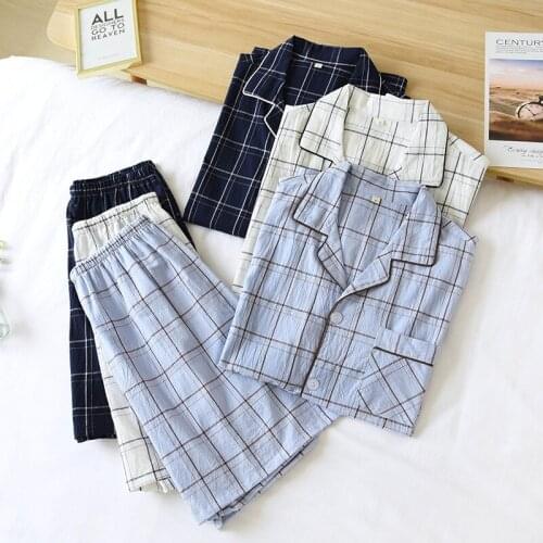 Mens summer cotton pajamas two-piece large size thin short-sleeved shorts plaid casual home service set cardigan loungewear new