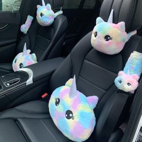 2021 New Arrival High End Colorful Unicorn Car Seat Lumbar Pillow Cute Cartoon Neck Pillow Car Interior Accessories