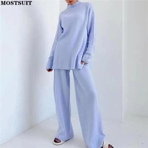Solid Vintage Knitted Pants Set Women Sweater + Wide Leg Pants Tracksuit 2021 Winter Warm Loose Casual Female Two Piece Set