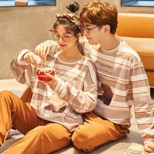 Autumn Winter Couple Pajamas Cartoon Bear Printing Homesuit Sleepwear Cotton Homeclothes Long Sleeve Cute Couple Pajama Set