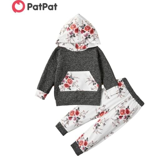 PatPat 2021 New Arrival 2-piece Baby Toddler Floral Print Hooded Long-sleeve Pullover and Pants SetChildrens Clothing