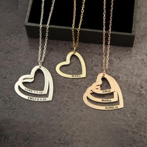 Personalized Engrave Names Heart Pendant Necklace Gold /Silver Color Customized Family Gifts for Woman Monthers Days Gift